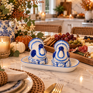 Thanksgiving hostess gift turkey shakers
Unique Thanksgiving hostess gift
Cute turkey salt and pepper shaker set
Blue and white Thanksgiving decor
Traditional Thanksgiving table decorations