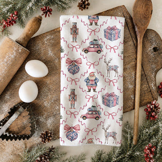 decorative christmas pattern towel pink blue holiday theme
gift box and ribbon christmas towel vintage inspired design
festive bow print kitchen towel christmas decor accessory
classic ornament print christmas tea towel elegant style
holiday pattern kitchen towel with trees gifts and bows
pink blue ornament kitchen towel festive holiday design
repeating christmas pattern tea towel pastel chinoiserie