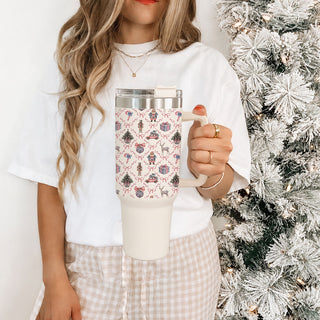40oz chinoiserie tumbler wrap design
pink blue holiday wraparound tumbler
chinoiserie Christmas design shown from multiple angles
pink and blue Christmas tumbler full wrap design
Christmas tumbler with chinoiserie bows and festive icons