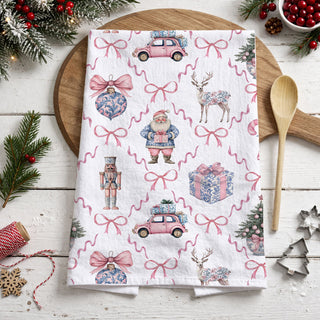 Blue Pink Chinoiserie Christmas Kitchen Towel – Vintage Holiday Tea Towel, Elegant Christmas Decor, Preppy Holiday Gift, Unique Kitchen Decor