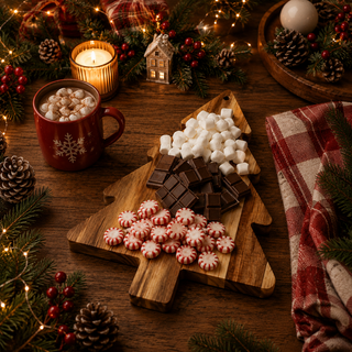 Christmas tree candy board for a holiday hot cocoa station
Acacia wood Christmas serving board with hot chocolate toppings
Christmas hot cocoa charcuterie board with festive treats
Holiday dessert board arranged on a wooden Christmas tree platter
Christmas candy grazing board made from acacia wood
Wooden Christmas tree snack board with peppermint candies
Christmas party serving board with chocolate and marshmallows
Festive holiday treat board shaped like a Christmas tree