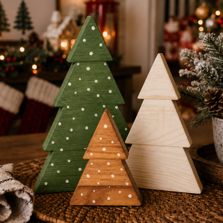 Three graduated-size wooden Christmas trees
Large medium and small wooden holiday tree figurines
Boxwood tree decoration measurements shown in inches
Freestanding wooden trees sized for shelves and tabletops
Compact wooden Christmas trees for small holiday displays
Wooden tree trio with large green medium white and small brown trees
Boxwood Christmas trees in three coordinating heights
Small-space Christmas decorations made from boxwood
Wooden tabletop Christmas trees with sturdy freestanding bases