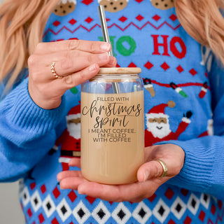 Christmas Coffee Cup Gift for Her – 17oz Glass Tumbler With Lid & Straw, Funny Holiday Iced Coffee Cup