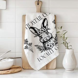 cottontail co bunny kitchen towel
black and white vintage bunny towel
rustic farmhouse easter dish towel
locally grown bunny kitchen towel
floral bunny easter hand towel
