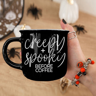 Spooky morning collection
Dishwasher safe Halloween mug
Black ceramic coffee cup
Modern Halloween mug