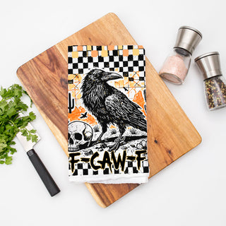 funny witchy halloween towel for october decorating
spooky crow towel for haunted house kitchen
fall halloween decor towel with retro crow artwork
vintage halloween style towel with raven illustration
unique goth fall decor crow and skull flour sack towel