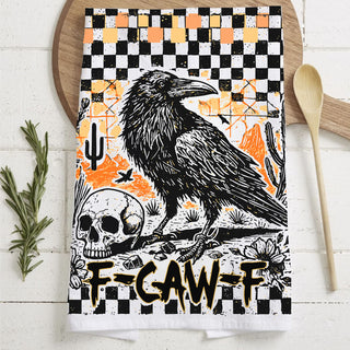 funny adult halloween kitchen towel f caw f design
crow and cactus desert halloween towel in orange and black
checkered gingham halloween towel with crow and skull art
punk rock halloween kitchen towel with raven illustration
spooky fall home decor accent towel f caw f