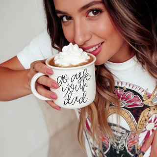 Mother's day gift coffee mug with funny parenting saying
Go ask your dad coffee mug, funny mom mugs ceramic
Ceramic Campfire Coffee Mugs for Mom
Funny mom life coffee mug with humorous parenting quote
White ceramic coffee mug with go ask your dad quote in modern calligraphy