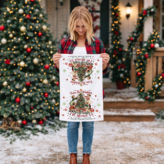 humorous holiday tea towel with retro kids and christmas tree
funny christmas kitchen towel with vintage christmas scene