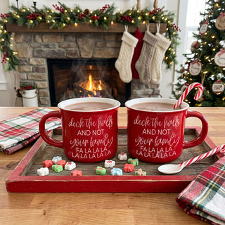 Funny Christmas mug that says deck the halls and not your family
red ceramic Christmas coffee mug with sarcastic holiday quote
green holiday mug for people who love funny Christmas gifts
funny Christmas coffee cup for surviving family gatherings