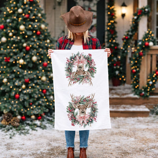 christmas tea towel deer in wreath greenery berries
flour sack christmas towel deer farmhouse holiday
christmas hand towel deer wreath rustic decor
holiday dish towel deer and pinecone wreath
decorative christmas towel deer farmhouse kitchen