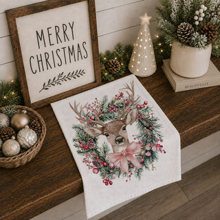 christmas kitchen towel on cutting board deer wreath
holiday dish towel styled with rosemary deer design
kitchen towel flat lay neutral christmas deer decor
rustic kitchen towel deer wreath wood background
white kitchen towel with deer wreath design
kitchen towel styled farmhouse christmas scene deer