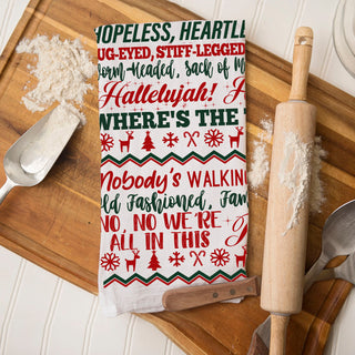 holiday decor towel styled outdoor snowy scene
kitchen towel styled christmas porch holiday decor
holiday stress humor kitchen towel christmas decor
funny christmas survival decor kitchen towel