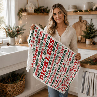 holiday film quote kitchen towel funny christmas decor
vintage christmas movie style kitchen towel funny text
iconic holiday movie sayings kitchen towel decor
throwback christmas movie quote dish towel
christmas towel displayed in winter decorated home
holiday towel styled with lights garland and decor
kitchen towel funny quote lifestyle christmas setting
festive towel styled farmhouse christmas background