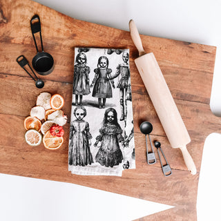 creepy vintage toy towel for haunted housewarming gift
spooky season kitchen linen with clown and doll drawings
halloween party décor towel with creepy clown balloons
gothic halloween bathroom towel with horror dolls