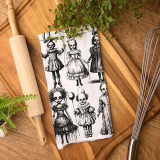 creepy doll and clown print towel for fall home décor
unique halloween gift creepy doll kitchen hand towel
black and white skull eyed doll towel for horror kitchen
