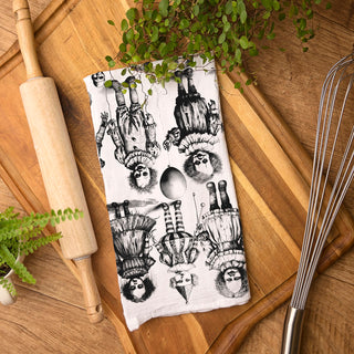 spooky kitchen towel for horror themed halloween party
black and white halloween horror towel with creepy toys
haunted doll collection towel for scary home accents
creepy gothic dish towel for alternative halloween décor