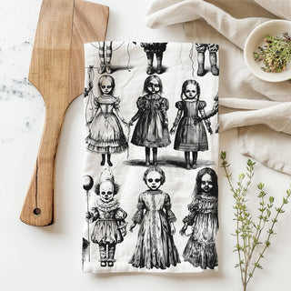 scary doll art towel for witchy halloween home
haunted toy box design towel for eerie fall décor
sinister doll and clown print towel for haunted kitchen
creepy halloween home décor unique doll design towel