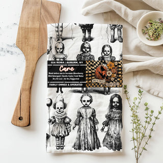 creepy doll halloween kitchen towel black and white
scary clown dish towel for halloween décor
horror doll flour sack towel for spooky kitchen
black and white creepy doll print halloween tea towel
