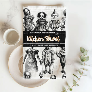 scary kitchen towel gift for horror loving friend
gothic halloween gift creepy dolls flour sack towel
unique horror tea towel for spooky apartment décor
black and white creepy costume doll kitchen towel
