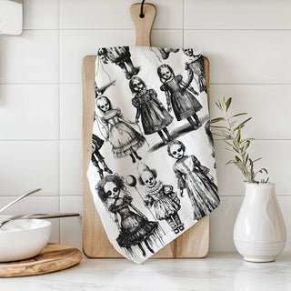 creepy doll face tea towel for gothic farmhouse kitchen
scary clown balloon towel for halloween coffee bar
vintage style creepy doll halloween gift towel
black and white horror themed dish towel with dolls
