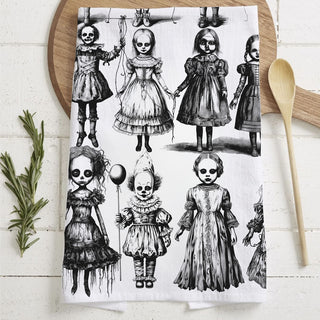 nightmare doll kitchen towel spooky halloween decoration
creepy toy clown towel for october kitchen styling
halloween hostess gift creepy doll flour sack towel
halloween skeleton eyed doll towel for farmhouse sink