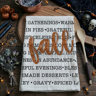 fall words kitchen towel for autumn home décor
cozy fall typography towel for farmhouse kitchen
autumn word art dish towel for seasonal decorating
fall phrases cotton hand towel for thanksgiving hosting