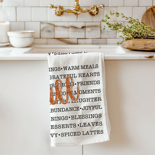 fall phrase dish towel for oven door décor
minimal white fall towel with scripted fall and word collage
autumn sayings flour sack towel for seasonal kitchen styling