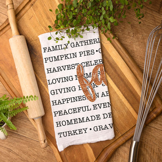 fall text tea towel for pumpkin spice coffee bar
farmhouse style fall kitchen towel with black lettering
thanksgiving hostess gift fall words cotton towel