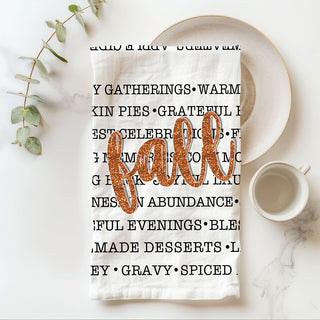 autumn gifting idea fall words towel with candle and mug
fall quote tea towel perfect for cozy cottage kitchen
autumn celebration towel listing pies cider and bonfires
fall kitchen linens set featuring word art towel