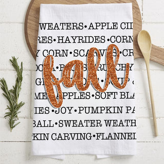 fall kitchen linens typography towel next to cutting board
autumn farmhouse dish towel with festive fall wording
pumpkin carving flannel cozy words fall towel
thanksgiving hostess gift fall words cotton kitchen towel