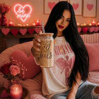 20oz glass cup with bamboo lid, You Give Me All the Feels for Galentine’s Day.
Sweet "You Give Me All the Feels" 20oz glass cup with bamboo lid and glass straw.
20oz glass cup with bamboo lid and glass straw, perfect for expressing your feels.