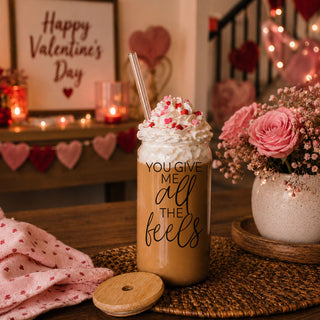 You give me all the feels coffee cup with wood lid and straws. Funny valentines day gifts for her or him. 
Funny glass cups 20oz. 
"You Give Me All the Feels" glass cup with bamboo lid and straw, 20oz.
20oz glass cup with bamboo lid and glass straw, featuring "You Give Me All the Feels" saying.