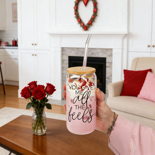 "You Give Me All the Feels" glass cup with bamboo lid and straw, 20oz.
20oz glass cup with bamboo lid and glass straw, featuring "You Give Me All the Feels" saying.
Perfect 20oz glass cup with bamboo lid and straw, "You Give Me All the Feels" design.