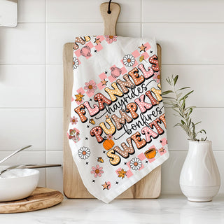 fall hostess gift pink retro flannels and pumpkins towel
seasonal kitchen décor towel for hayrides and bonfire nights
modern farmhouse fall towel with pink retro fonts
fall apartment décor towel girly pink pumpkin design
pink and cream fall lettering towel for chic fall décor