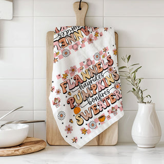 fall hostess gift pink retro flannels and pumpkins towel
seasonal kitchen décor towel for hayrides and bonfire nights
modern farmhouse fall towel with pink retro fonts
fall apartment décor towel girly pink pumpkin design
pink and cream fall lettering towel for chic fall décor