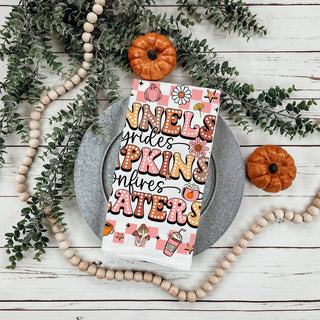 pink sweater weather towel for autumn and spooky season
playful pink fall kitchen towel with pumpkins and stars
trendy pink fall bar cart towel for halloween parties
pink and tan fall towel for girls’ kitchen