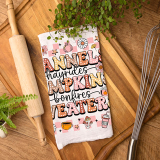 pink retro fall kitchen towel flannels hayrides pumpkins bonfires sweaters
girly fall dish towel with pink and orange retro Fonts
flour sack cotton fall towel with bubbly fall words design
retro 70s style fall kitchen towel in pink and brown
soft pink autumn pumpkin towel for teen bedroom décor
