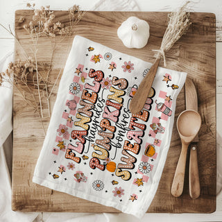 fall favorites pink kitchen towel flannels pumpkins bonfires
feminine fall décor towel with bubbly letters 
pink fall kitchen accent towel 
trendy fall towel in pink tones for modern kitchen
pink retro fall gift towel 