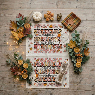 autumn kitchen décor towel with flannels and pumpkins text
pink pumpkin spice kitchen towel for sweater weather lovers
fall tea towel with cute daisies coffee cups and pumpkins
retro fall words dish towel hanging on oven handle
girly pink halloween home gift flannels hayrides towel