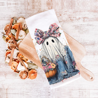 pink halloween kitchen towel with aesthetic ghost design
floral ghost flour sack towel for autumn coffee bar
denim dress ghost towel for cute spooky season décor
soft cotton halloween ghost hand towel with flowers
whimsical ghost with flower crown towel for fall décor lovers