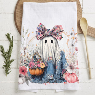 pink floral ghost kitchen towel for fall décor
cute halloween ghost dish towel with denim dress and flowers
girly ghost fall tea towel with pink bow and pumpkins
cottagecore ghost kitchen towel with florals and pumpkin basket
pink floral ghost towel for thanksgiving and halloween décor