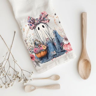 pink floral ghost kitchen towel paired with rose gold décor
girly ghost pumpkin towel for tween or teen bedroom décor
soft floral ghost towel unique halloween gift for mom