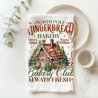 north pole gingerbread bakery christmas kitchen towel for bakers
vintage gingerbread bakery christmas towel for holiday decor
festive baking kitchen towel with gingerbread house and lettering
holiday kitchen towel for cookie baking gingerbread theme decor