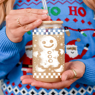 Wholesale Holiday drinkware gifts vintage glass cup 17oz - Retro Christmas gingerbread coffee tumbler bamboo lid - Checkered accessories
Vintage farmhouse Christmas tumbler - retro gingerbread glass with straw