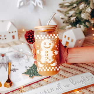 Rustic Christmas tumbler - retro holiday gingerbread glass with plaid border
Gingerbread holiday tumbler - festive retro glass cup with eco bamboo lid
Unique Christmas party gift - retro checkered gingerbread glass tumbler