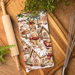 Christmas towel styled on wooden cutting board kitchen
festive kitchen towel with baking props display
holiday towel flat lay rustic kitchen styling
Christmas kitchen linen with gingerbread artwork
cozy holiday kitchen scene with baking towel