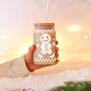Bulk Vintage Christmas glass tumbler 17oz - Retro gingerbread holiday coffee cup bamboo lid - Checkered festive drinkware
Vintage Christmas tumbler cup - retro gingerbread man design with checkered border