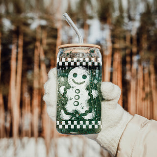 Christmas morning coffee mug – 17oz glass tumbler with checkered gingerbread design
Holiday drinkware gift – retro checkered gingerbread Christmas coffee tumbler