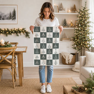grid christmas tree kitchen towel minimalist design
checkerboard christmas tree dish towel neutral tones
modern christmas kitchen towel with multiple tree styles
neutral christmas towel with simple tree illustrations
minimalist holiday kitchen towel soft grey christmas decor